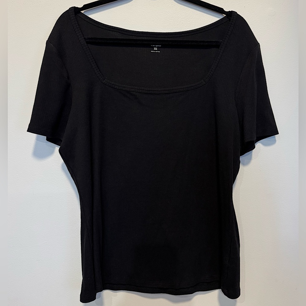 A.N.A. Square Neck Ribbed Short Sleeve Pullover Knit Top XXL Black